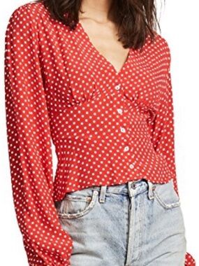 Free People Retro Red Polka Dot Long Sleeve Blouse
